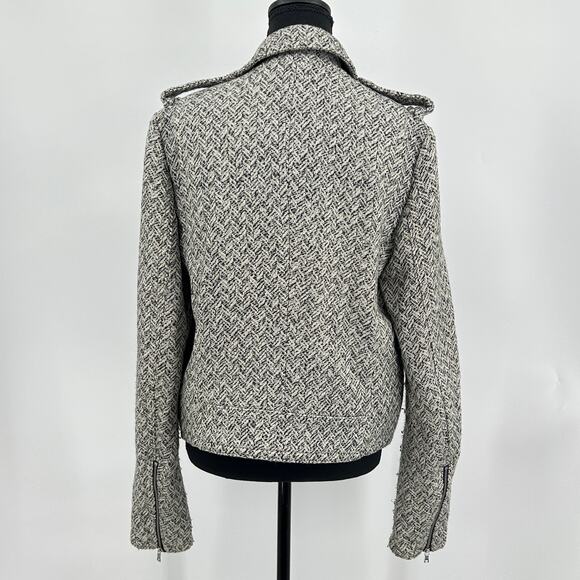 Herringbone Wool Tweed Moto Jacket Warm Textured Black White Women’s M Tall - Picture 2 of 9